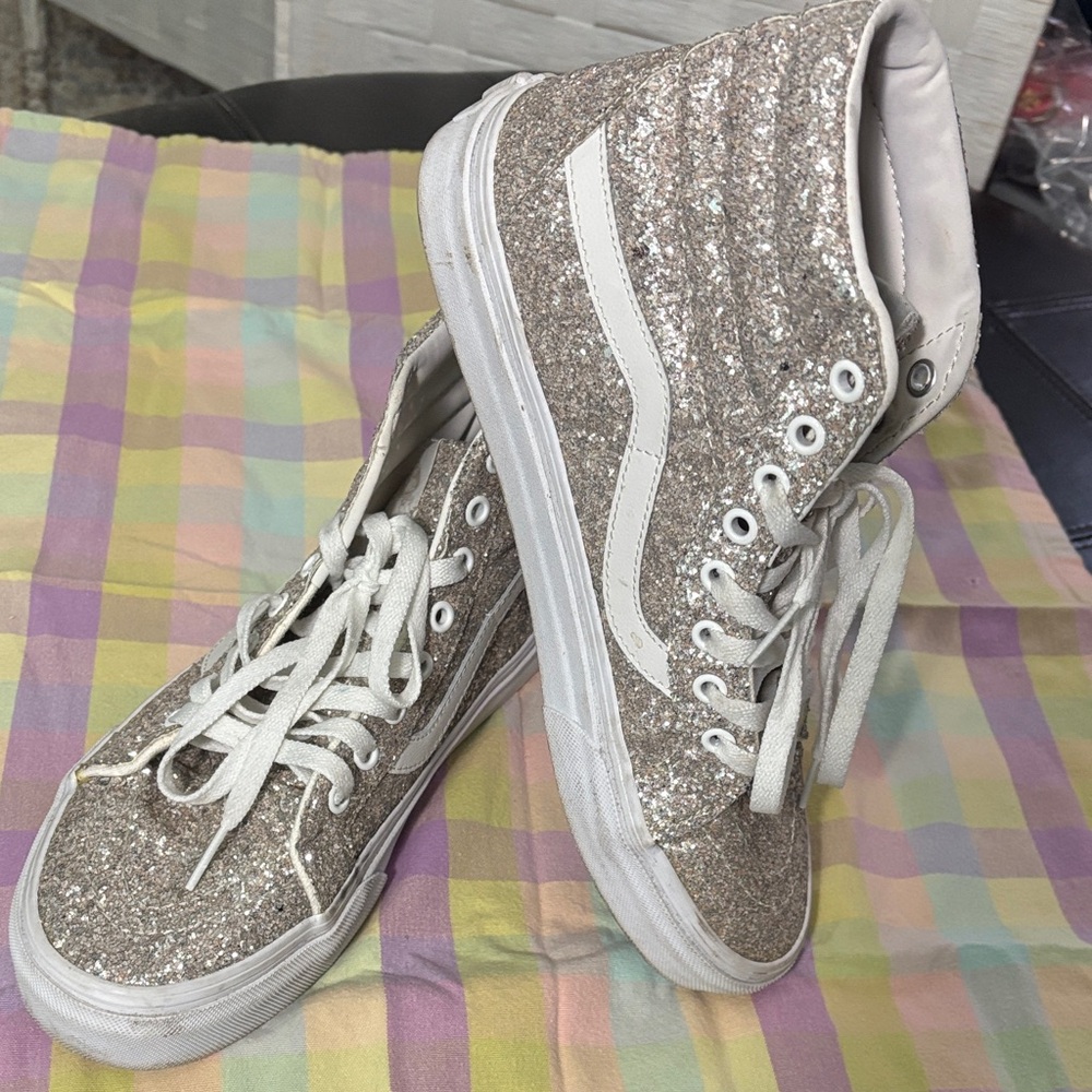 Vans Glitter High-Top Sneakers in Silver and White